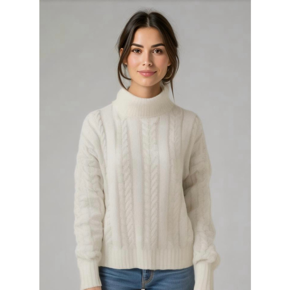 Hippie‎ Rose Women's Cable Knit Sweater Med Off White Mock Neck Ribbed Hem Cuff